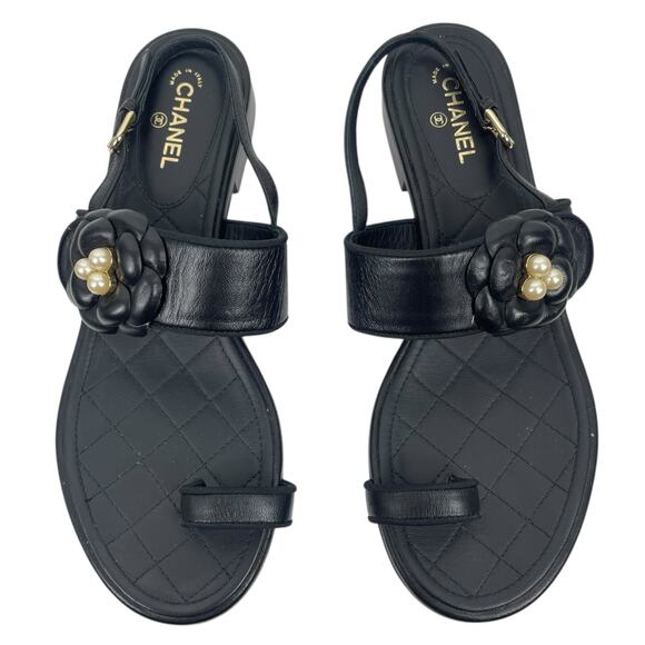 Chanel Camellia Pearl Logo Toe Ring Slingback Flat Sandal Black Size 37.5 - Picture 1 of 13